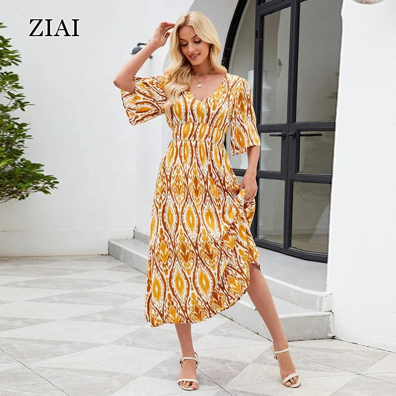 2025 Spring Summer Casual Sweet Loose Fit V-Neck Printed Mid-Length Sleeves Long Dress