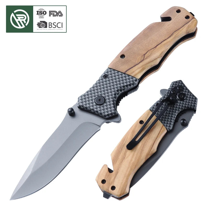 Bochen New Edition Improved Edition Steel Head Wood Combined Handle Outdoor Survival Camping Tactical Folding Pocket Knife
