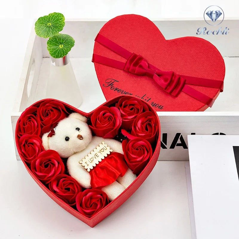 Valentine's Day Gift Artificial Flower Rose Bear Rose Teddy Bear Preserved Artificial Rose Flower with Heart Shape Box case MegaBDM