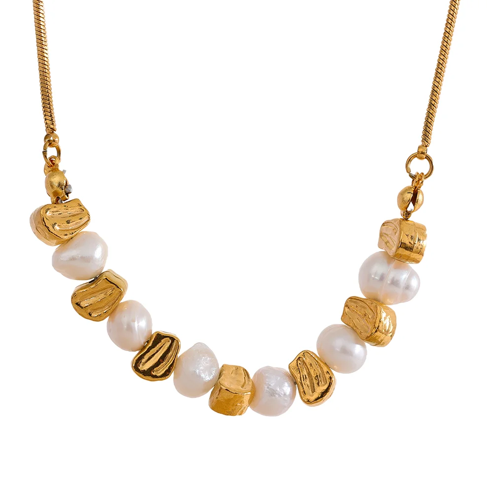 JINYOU 1063 Natural Freshwater Pearl Stainless Steel Beads Necklace Bracelet Bangle Gold Vintage Handmade Jewelry Set Women
