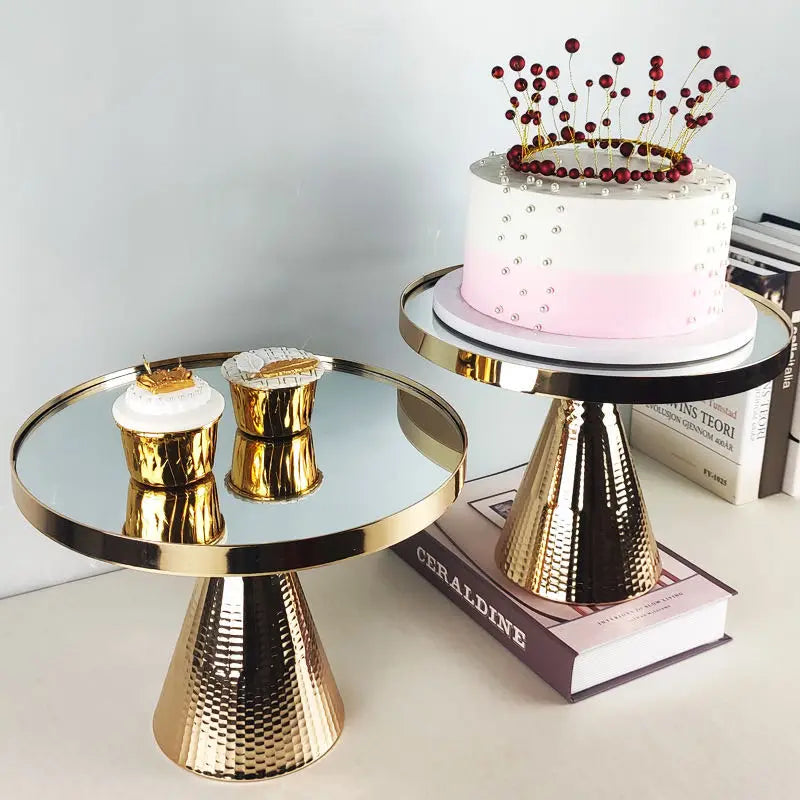 Fancy Metal Gold Mirror Face Wedding Cake Stand 2 Size One Set for Party Cake Decorative