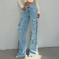 Custom Fashion Street Wear High Waist Jeans Women Denim Jeans Ripped Straight Leg Women's Cargo Jeans Pants