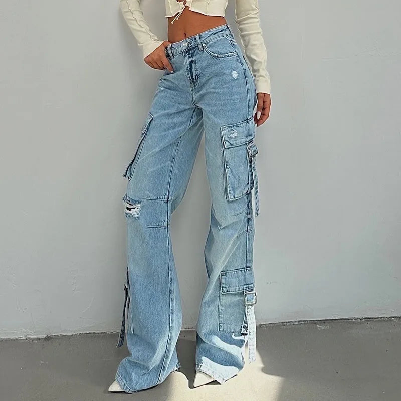 Custom Fashion Street Wear High Waist Jeans Women Denim Jeans Ripped Straight Leg Women's Cargo Jeans Pants