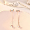 EA40 925 Sterling Silver Bow Long Tassel Stud Earrings Front and Back Crystal Drop Earrings for Women Butterfly Earrings