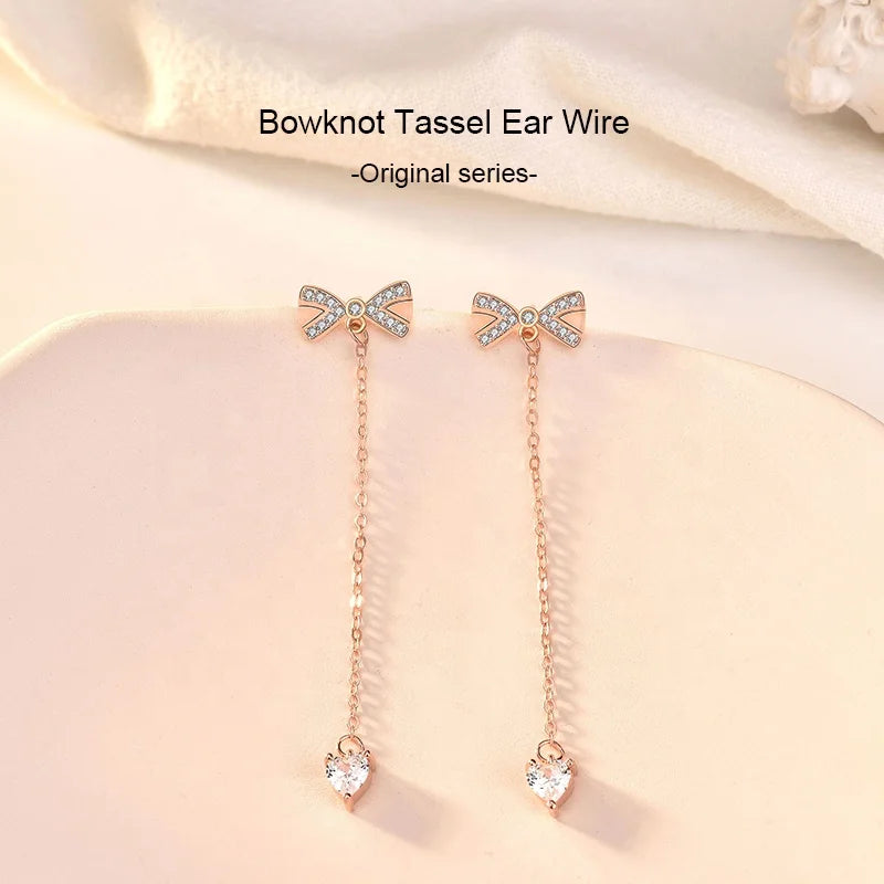 EA40 925 Sterling Silver Bow Long Tassel Stud Earrings Front and Back Crystal Drop Earrings for Women Butterfly Earrings