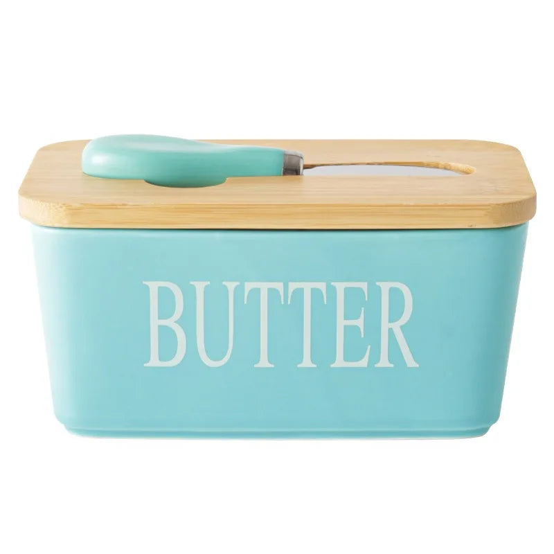 Ceramic Eco-Friendly Butter Dish Bamboo Lid Solid Cheese Container Keeper Modern Design Porcelain Material Food Contact Safe