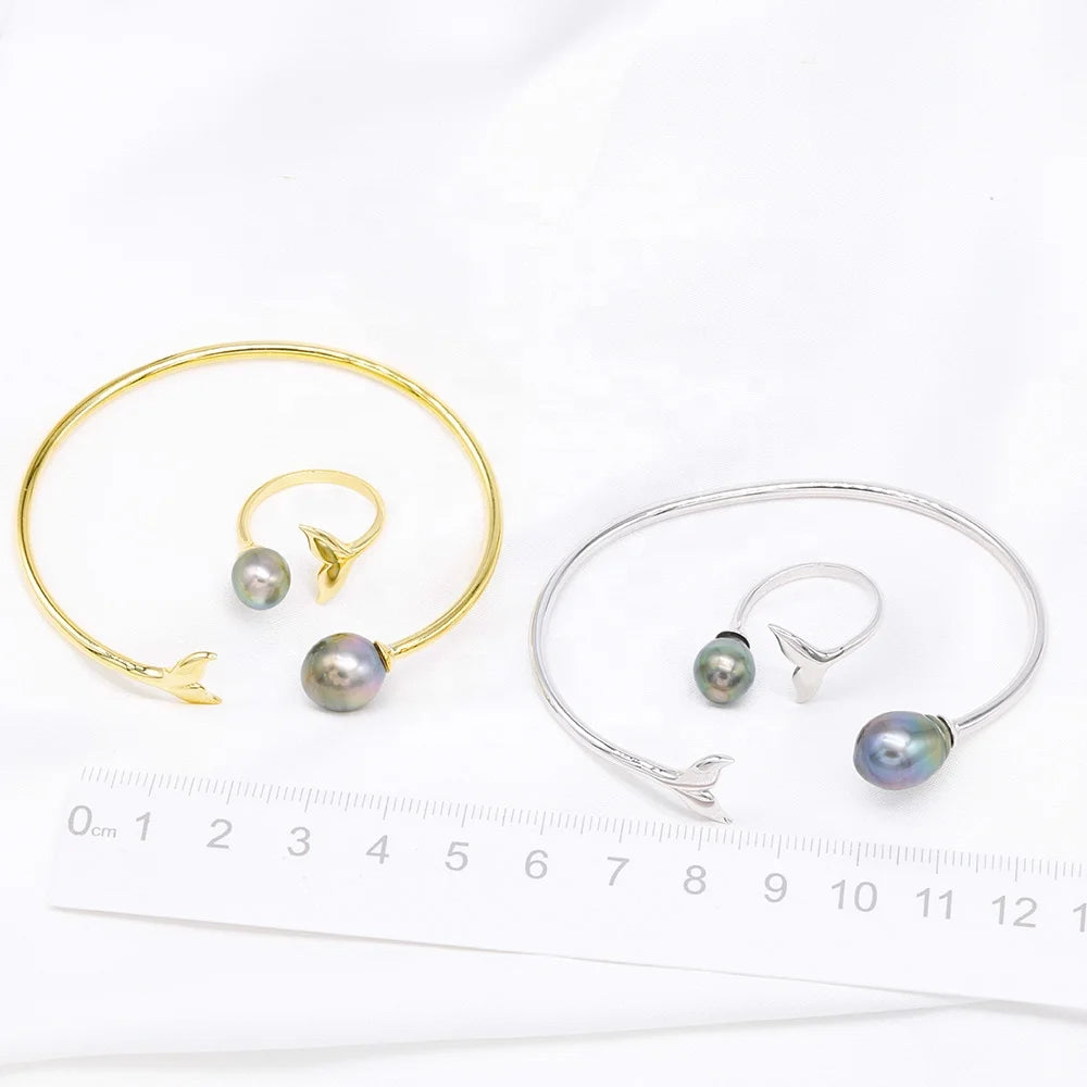9-12mm 925sterling Silver Gold Plated Wholesale Real Tahitian Pearl Bangles Salt Water Fancy Jewelry Resizable for Women
