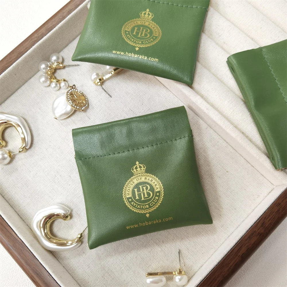 BSCI Custom Green PU Leather Jewelry Pouch Bag Jewelry Packaging Bag With Sanp Button Necklacering Pouch With logo