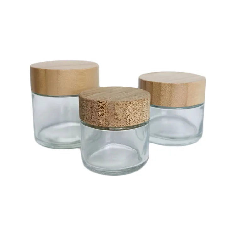 Custom Round Clear Green Frosted Matt Black Cosmetic Cream Packaging Glass Jar with Bamboo Plastic Lid