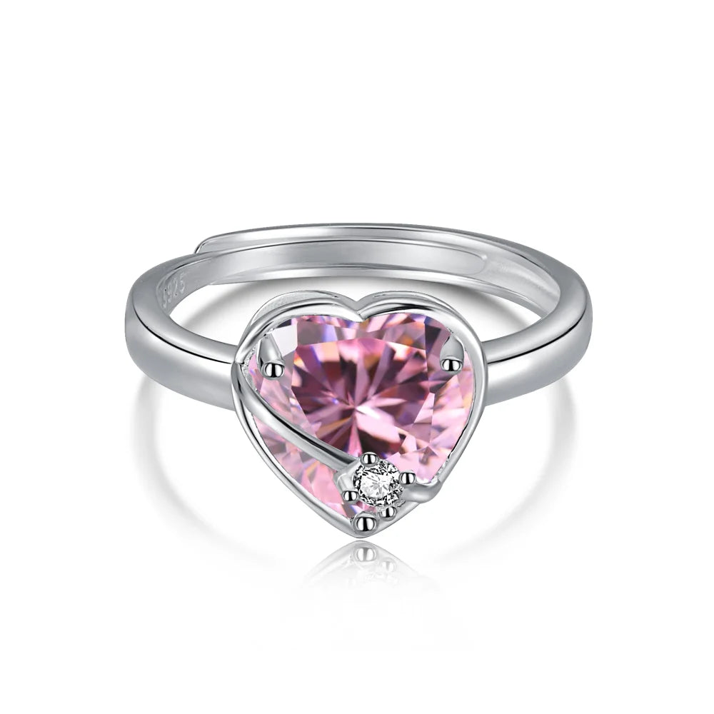 Dylam 925 Sterling Sliver Adjustable Vintage Cute Pink Heart Shaped Cubic Zirconia Rings Iced Out Ring Heart Charm for Girls