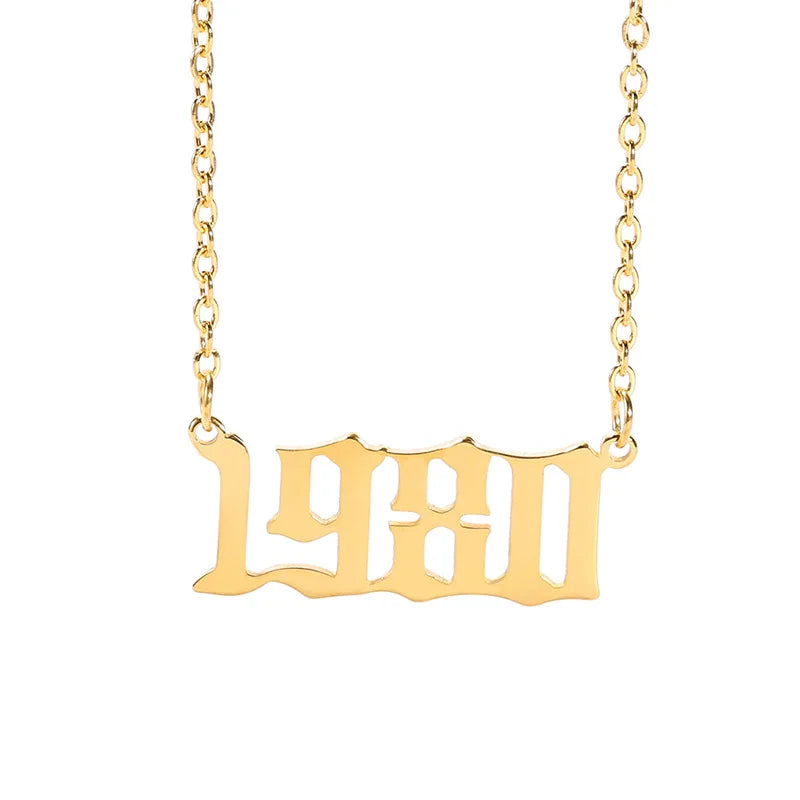 Old English 1980 to 2024 18k Gold Plated Number Necklace Pendant Stainless Steel Jewelry Birth Year Necklace for Birthday