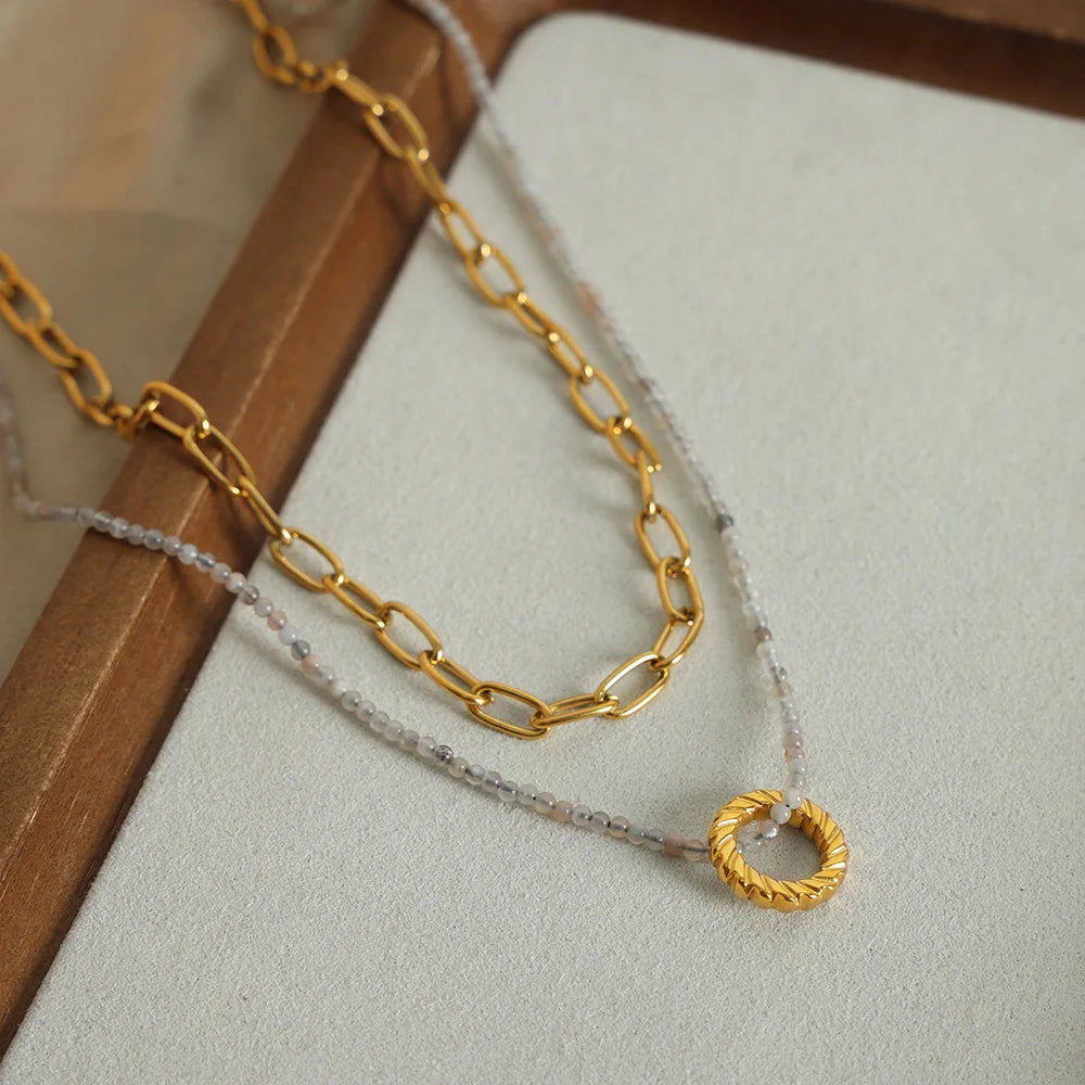 Fashion 18k Gold Plated Natural Stone Beaded Necklaces Statement Stainless Steel Double Layer Choker Necklace Jewelry for Women