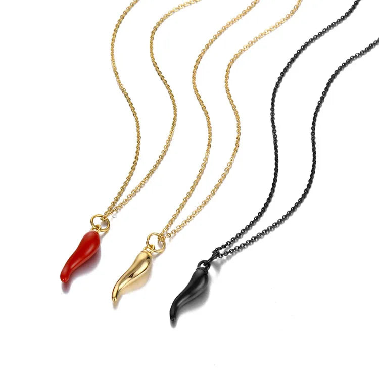 Gold Plated 316L Stainless Steel Red Enamel Chili Pepper Pendant Link Chain Necklace for Women Men