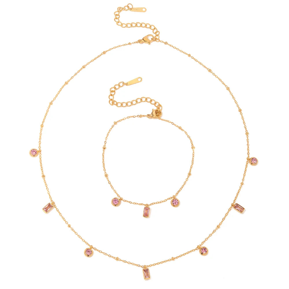 18K Gold Plated Stainless Steel Bracelet Jewelry Set Dainty Mulit Cubic Zirconia Dainty Choker Necklace Set
