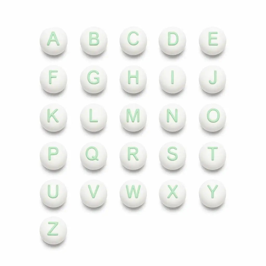 White Spherical Perle Silicone Letter Beads 15mm Round Ball Alphabet Vertical Hole for DIY Name Bracelet Necklace Pacifier Chain MegaBDM