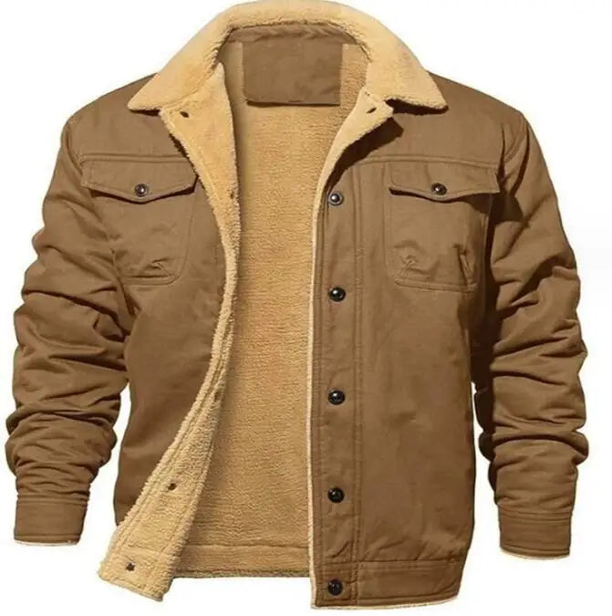 Thick Fleece Parkas Jacket for Men Windproof Cargo Jacket With Multi-Pockets Lapel Collar Warm Coats Outdoor Casual Workwear