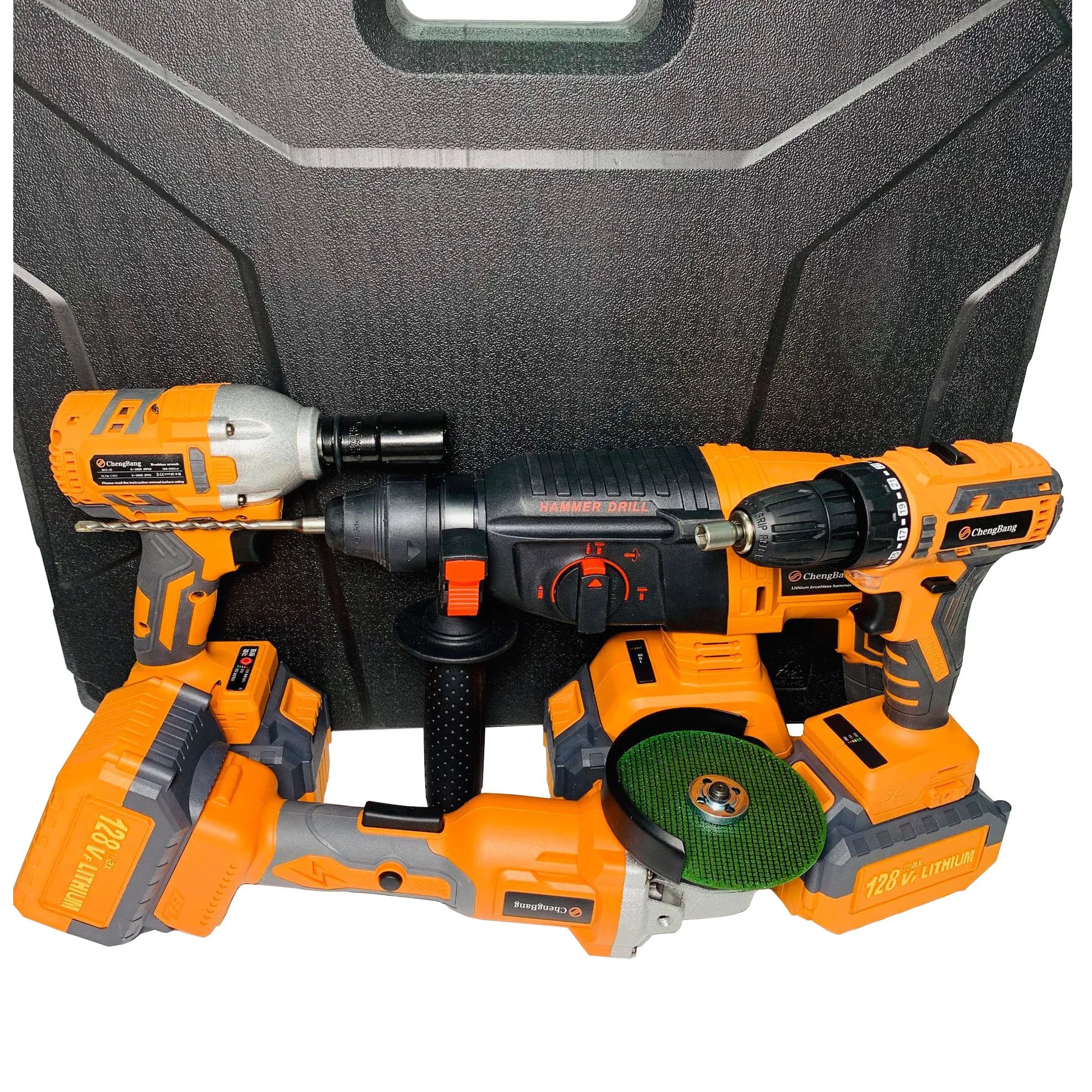Set of 4pcs Power Tools Portable Lithium Electric Hammer Drill Brushless Angle Grinder Cordless Wrench Combination Tool Kits Box