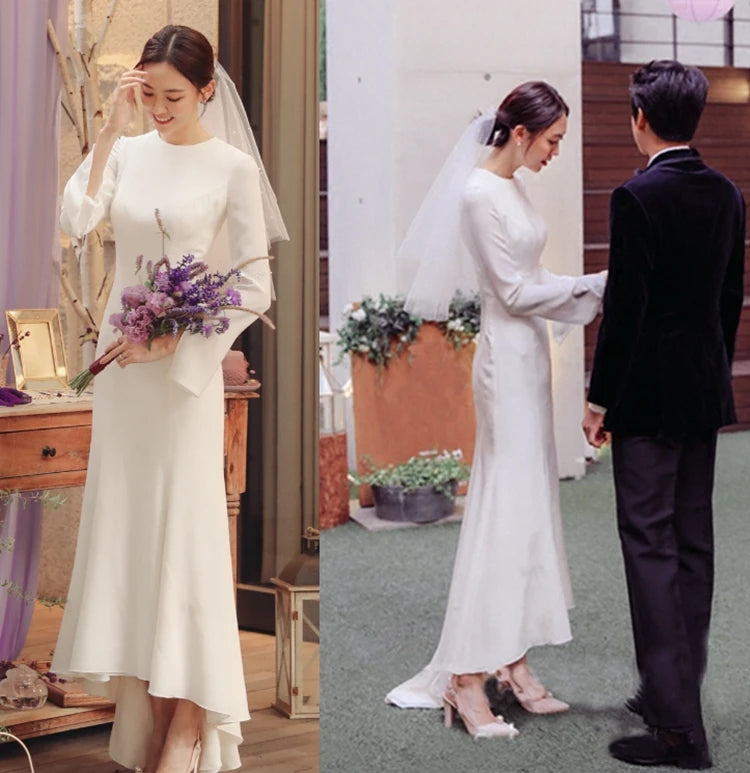 #1326 Vintage Ivory High Low Long Sleeve Satin O-Neck Sheath Wedding Dress Tea Length Bridal Gown Simple Evening Dress MegaBDM