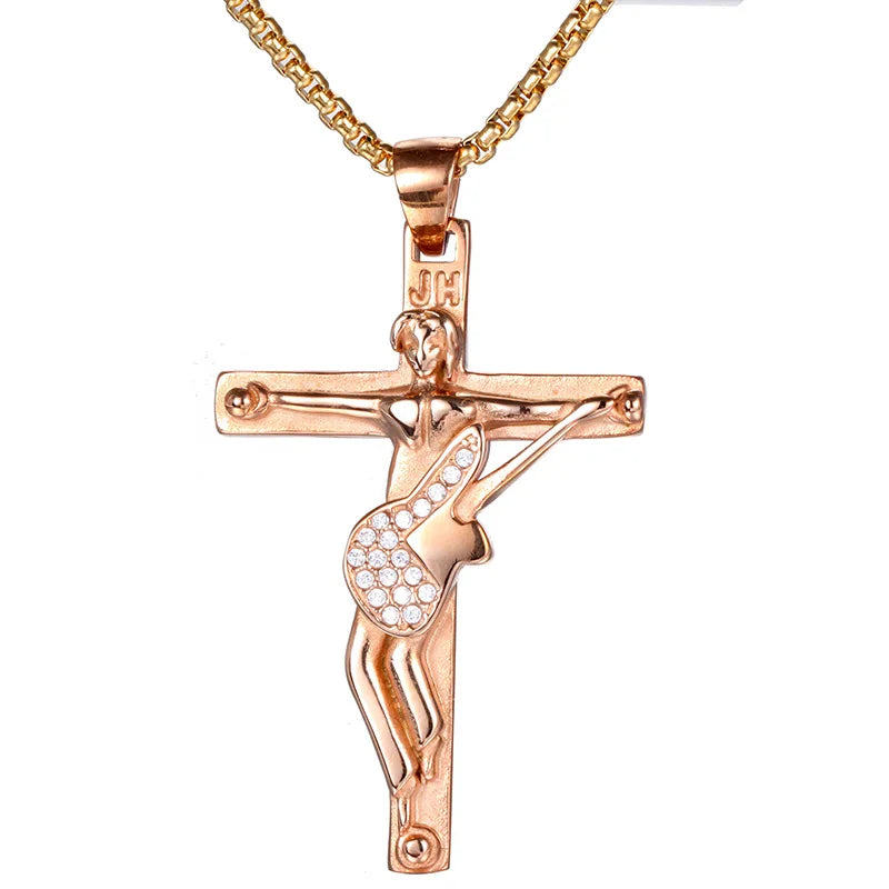 Europe America Foreign Trade Personality Retro Punk Stainless Steel Necklace Gothic tide Cross Guitar Jesus Rock Fine Pendant