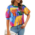 Designer Casual 2026 Summer Eco-Friendly Loose Printed Blouse Top Trendy Bohemia Puff Short Sleeve T-Shirts Ruched Neck Tops