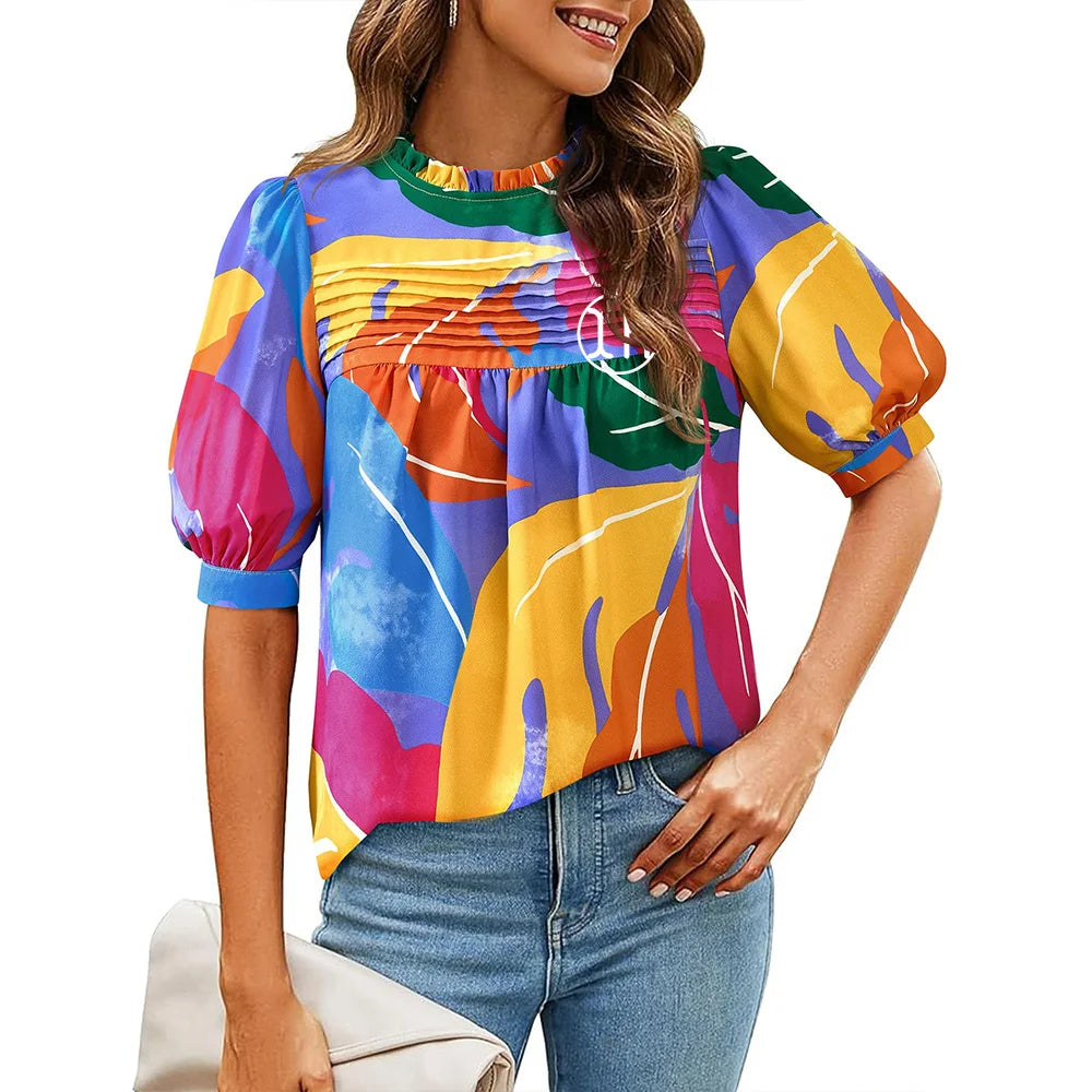 Designer Casual 2026 Summer Eco-Friendly Loose Printed Blouse Top Trendy Bohemia Puff Short Sleeve T-Shirts Ruched Neck Tops