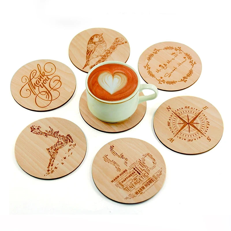 Round Customized LOGO Pattern Natural Wooden Cup coaster DIY Laser Engraved Retro Creative Lovely Wood Coffee Mug Mat Discs