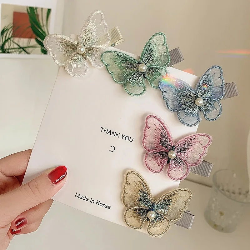 Elegant Super Fairy Lace Gauze Hair Clip Colorful Sweet Pearl Butterfly Hairpin Ornament Fabric Material for Women