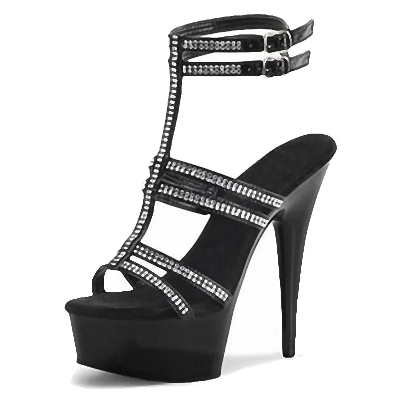 Black stiletto 15 cm anti slip pole dance high heels model show fashion sandals Gothic large women's leaky toe shoes