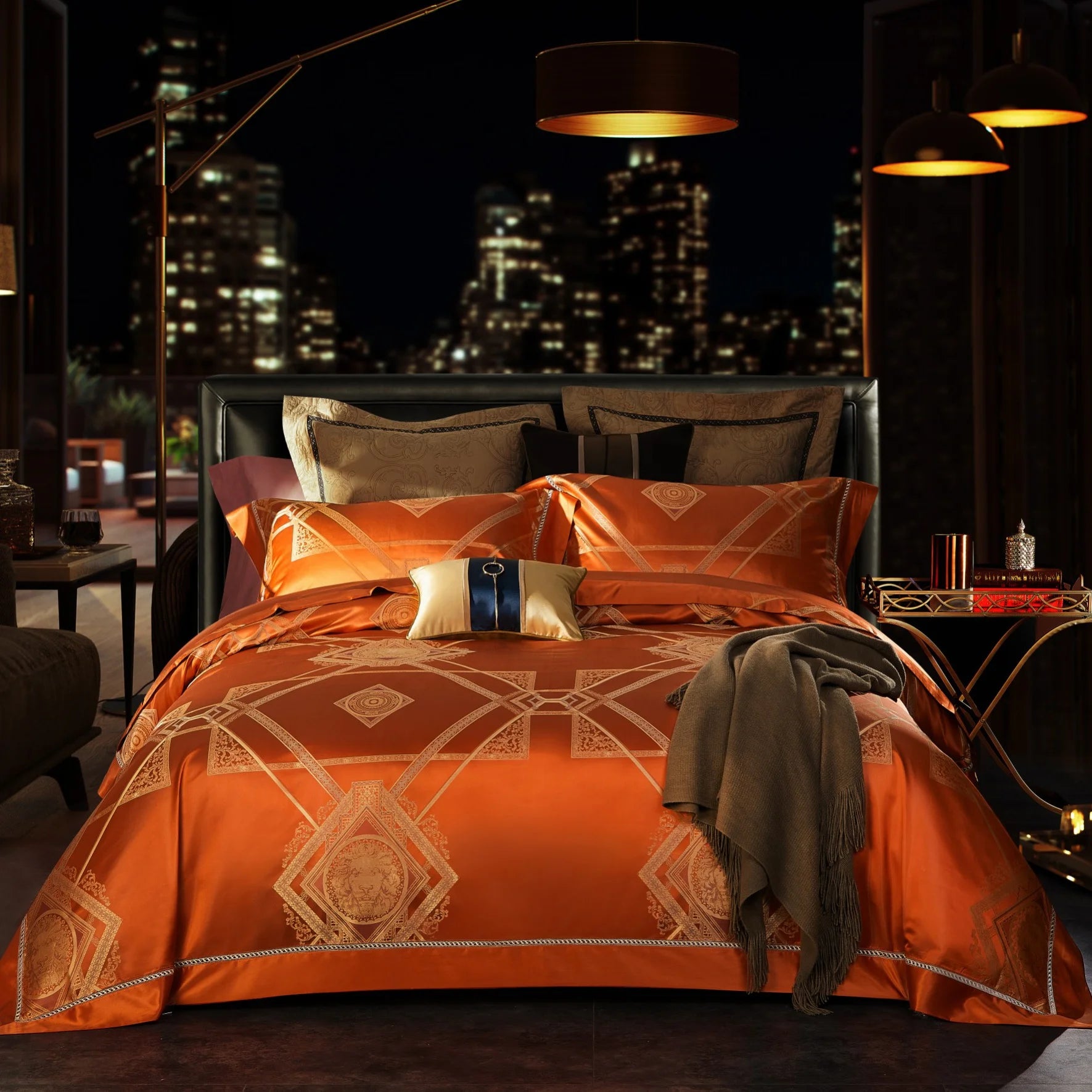 ODM/OEM 19/20/22mm High-end 100% Mulberry Silk Orange Jacquard 500TC European Style All-Season Customizable 4-Piece Bedding Set