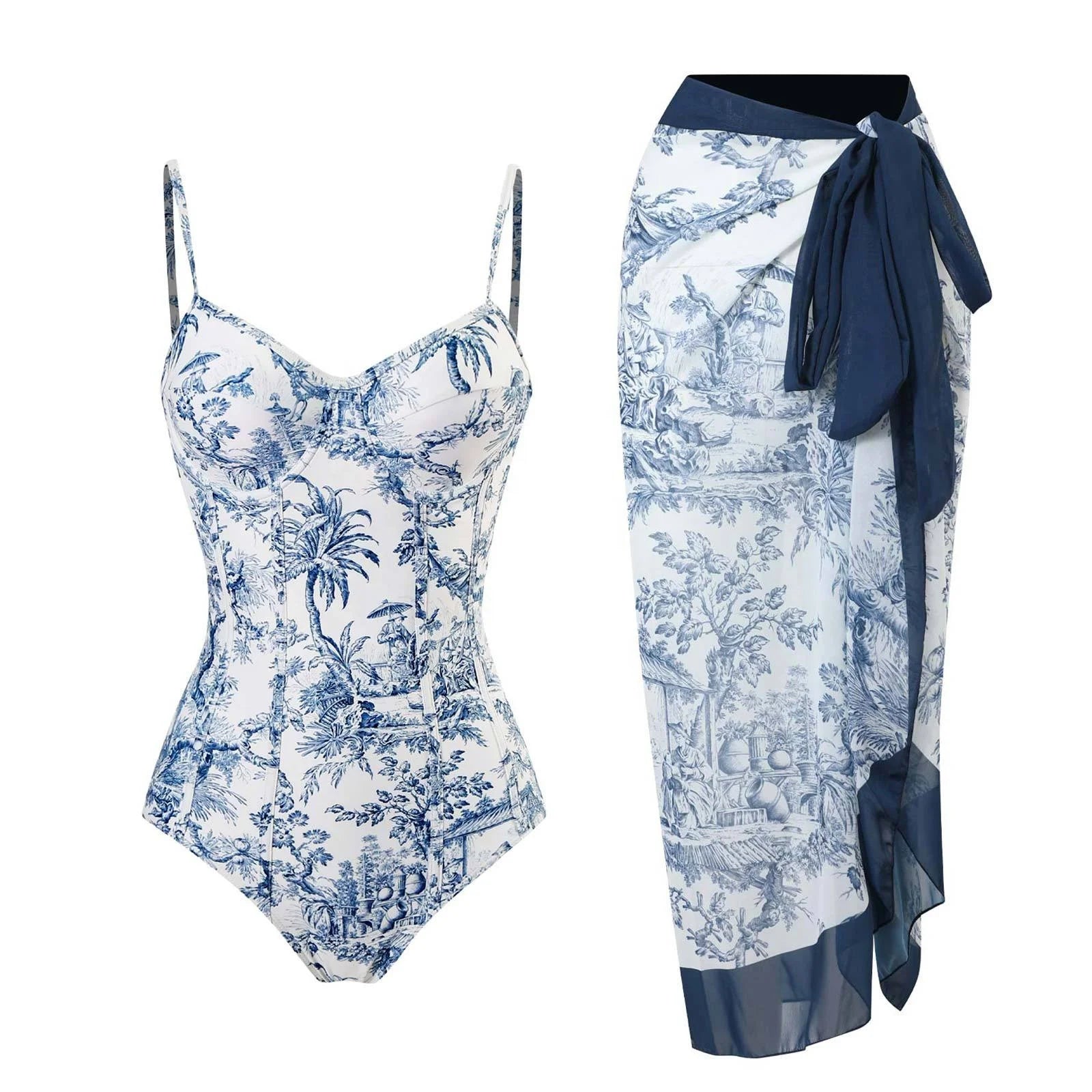 2023 New Trendy Swimwear With Beach Sarong  Beach Wear Set Vintage Swimsuit Bikinis Bikinis & Beachwear Bikini Set
