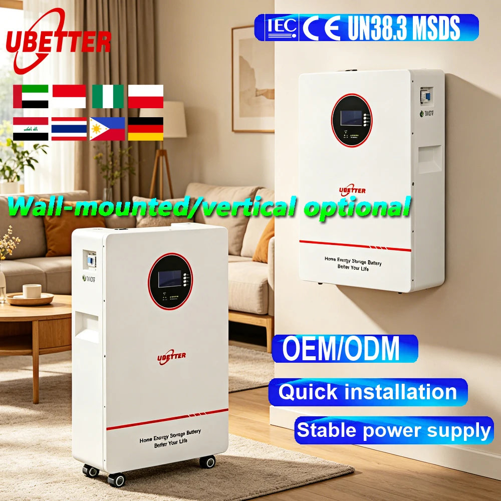 UBETTER LiFePO4 Solar Lithium Storage Battery 24V/48V 100Ah-200Ah 2.5-10kWh Home RV Electric Power Systems CE Certified 6000