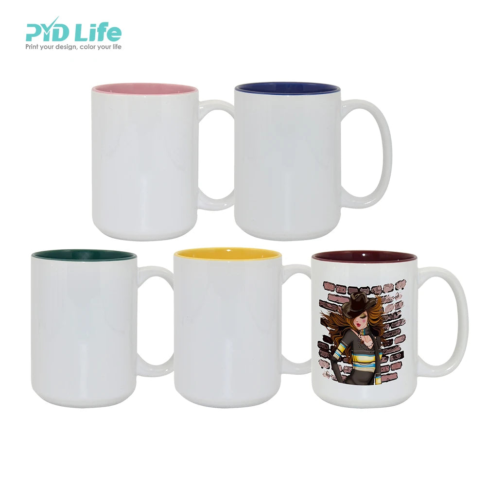 PYD Life 2025 RTS 15oz Wholesale Custom Coffee Inner Color Cups Supplier Sublimation Ceramic Blanks Mug with Handle