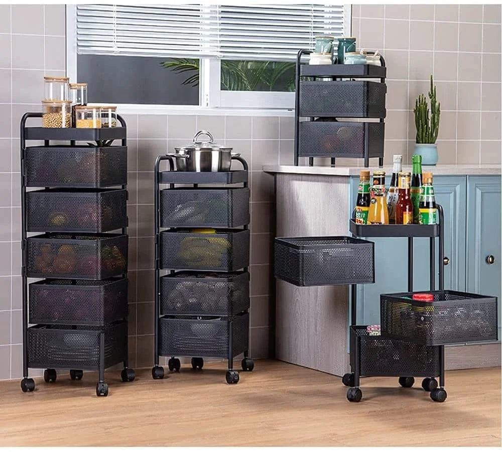 Rotating Basket Storage Rack Square Kitchen Vegetable or Fruit Storage Rack Kitchen Trolley Rolling Cart With Storage