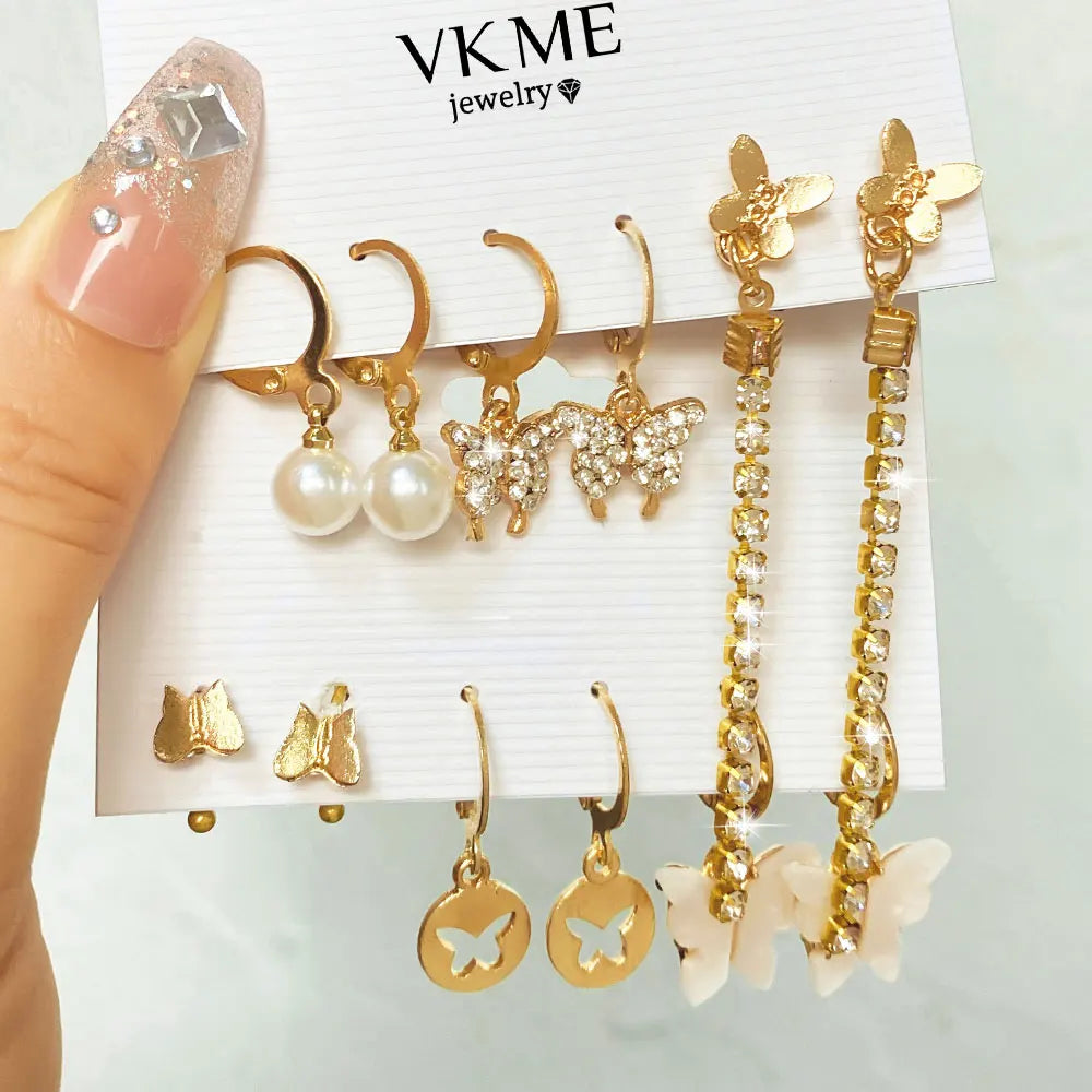 VKME 2022 Fashion Rhinestone Butterfly Stud Earrings Pearl Long Earrings for Women Jewelry