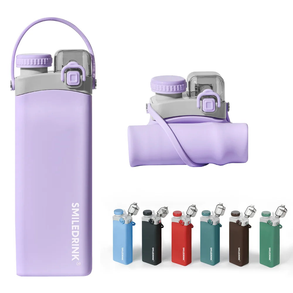 Purple Anti-scald Collapsible 600ml Eco-Friendly Travel Water Bottle Silicone Lightweight Camping Sports with Straw