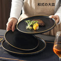 Japanese Ceramic Plate Black with Gold Rim Stone Grain Home Hotel Restaurant Hotel Steak Pasta Porcelain Plate