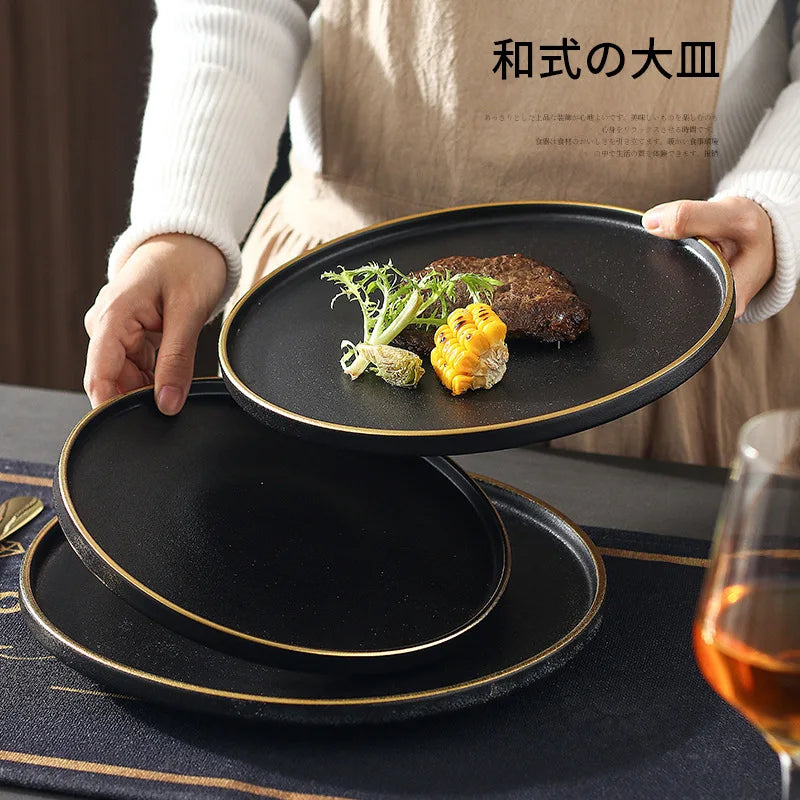Japanese Ceramic Plate Black with Gold Rim Stone Grain Home Hotel Restaurant Hotel Steak Pasta Porcelain Plate