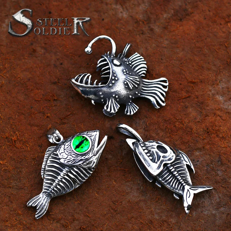 SS8-1321P Steel Solider Fish Bone With Green Eye Necklace Popular Pendant Stainless Steel Men Unique Jewelry