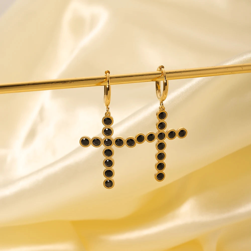 18K Gold Stainless Steel Cross Drop Earrings Black Crystal Hip Hop Hoop Jewelry Trendy Punk Style Fashion Accessory Women Men