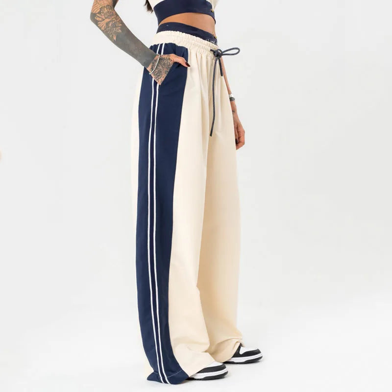 Custom Logo Cotton Side Stripes Straight Leg Sweatpants Baggy Drawstring High Quality Jogger Pants for Women