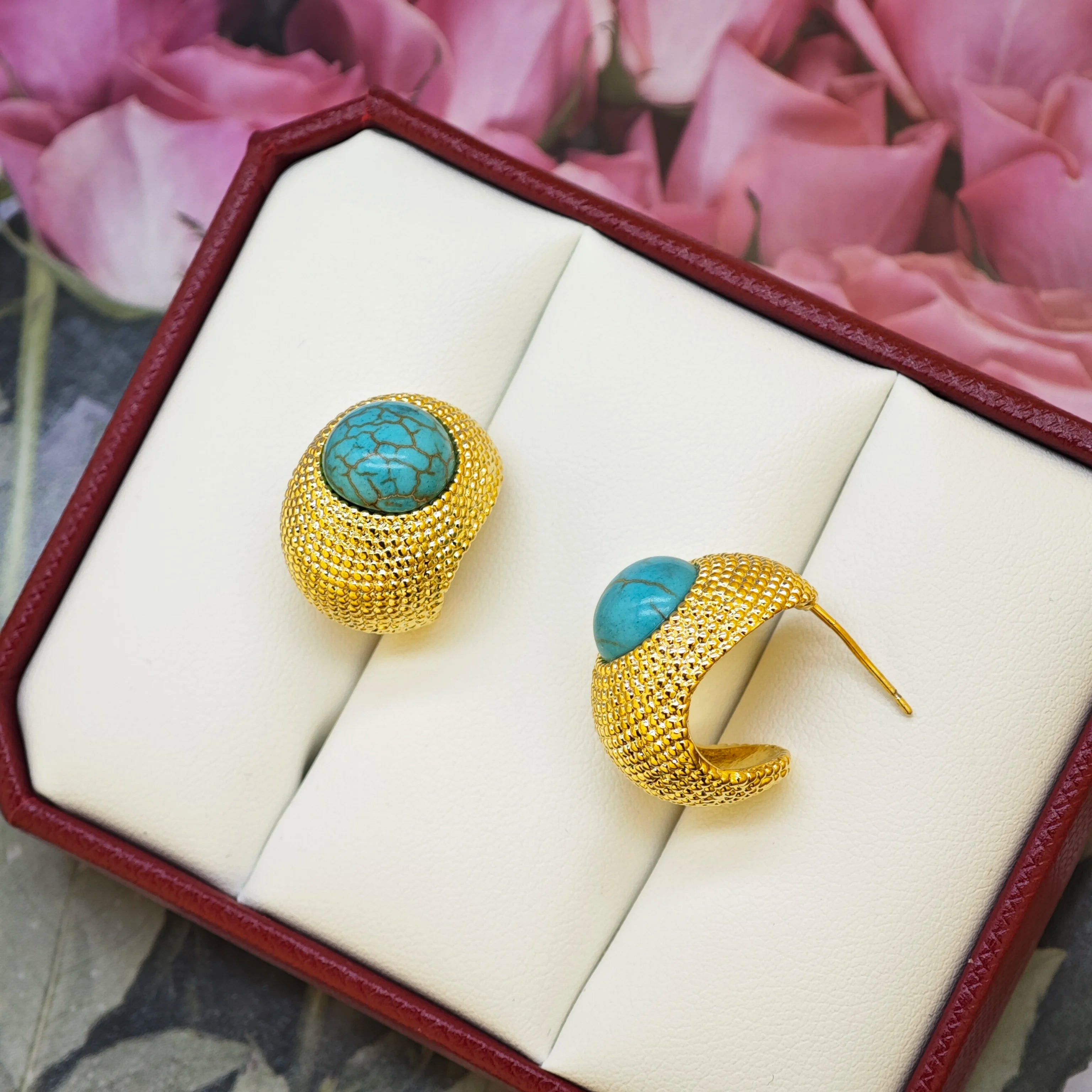 Ilona 18K Gold Plated Copper Turquoise Inlaid  Textured Chunky Statement Stud Earrings Vintage Boho Western Jewelry for Women