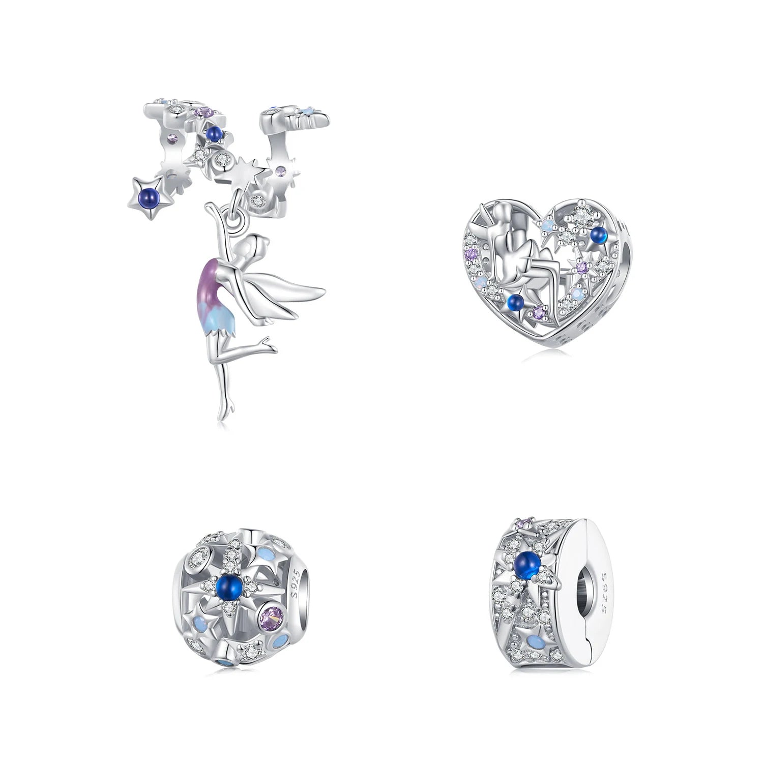925 Sterling Silver Day & Night Blue Elf Heart Charms Star Series Beads Shiny Cz Spinel Diy Bracelet Necklace
