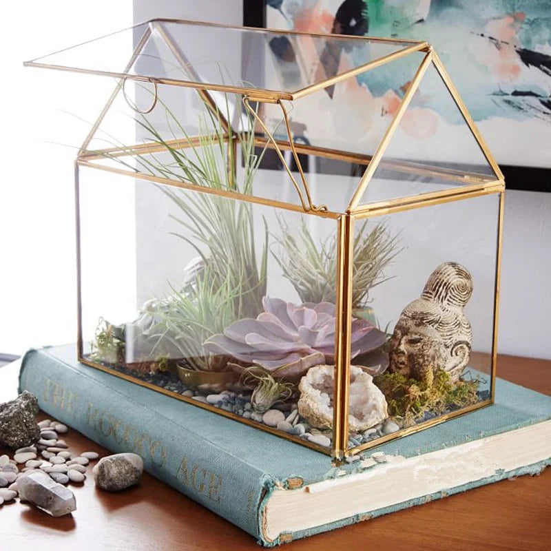 Gold Black House Shaped Glass Box Flower Pots Planters Succulents Geometric Terrarium Glass Wholesale Container