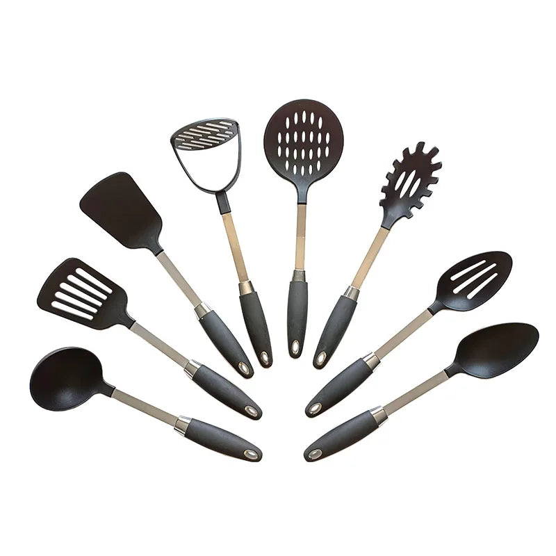 Heat Resistant Set of 8 Stainless Steel and TPR Handle Nylon Utensils  Set