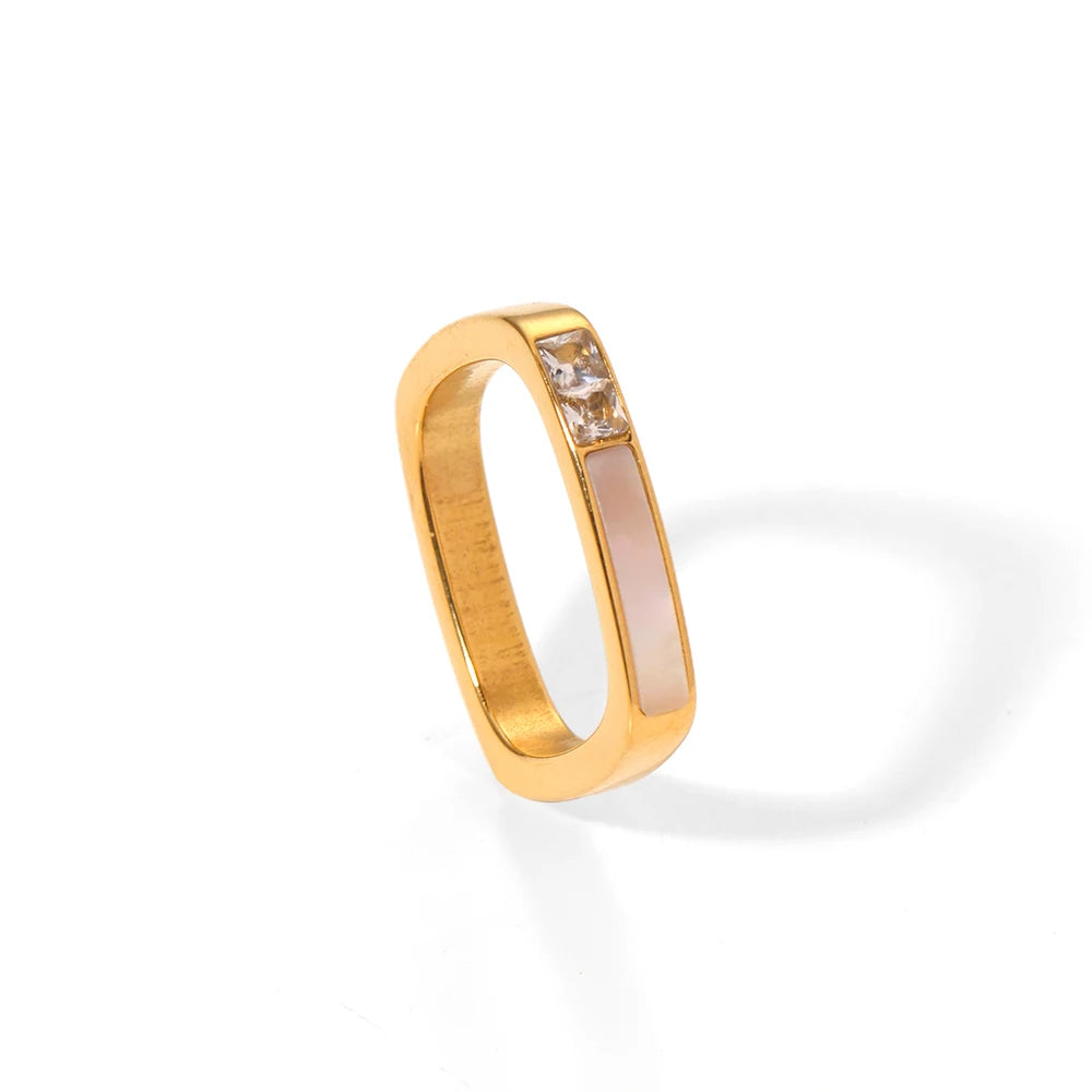 Geometric Design Stainless Steel 18K Gold Plated Square Shaped Cubic Zircon Diamond Rings for Women