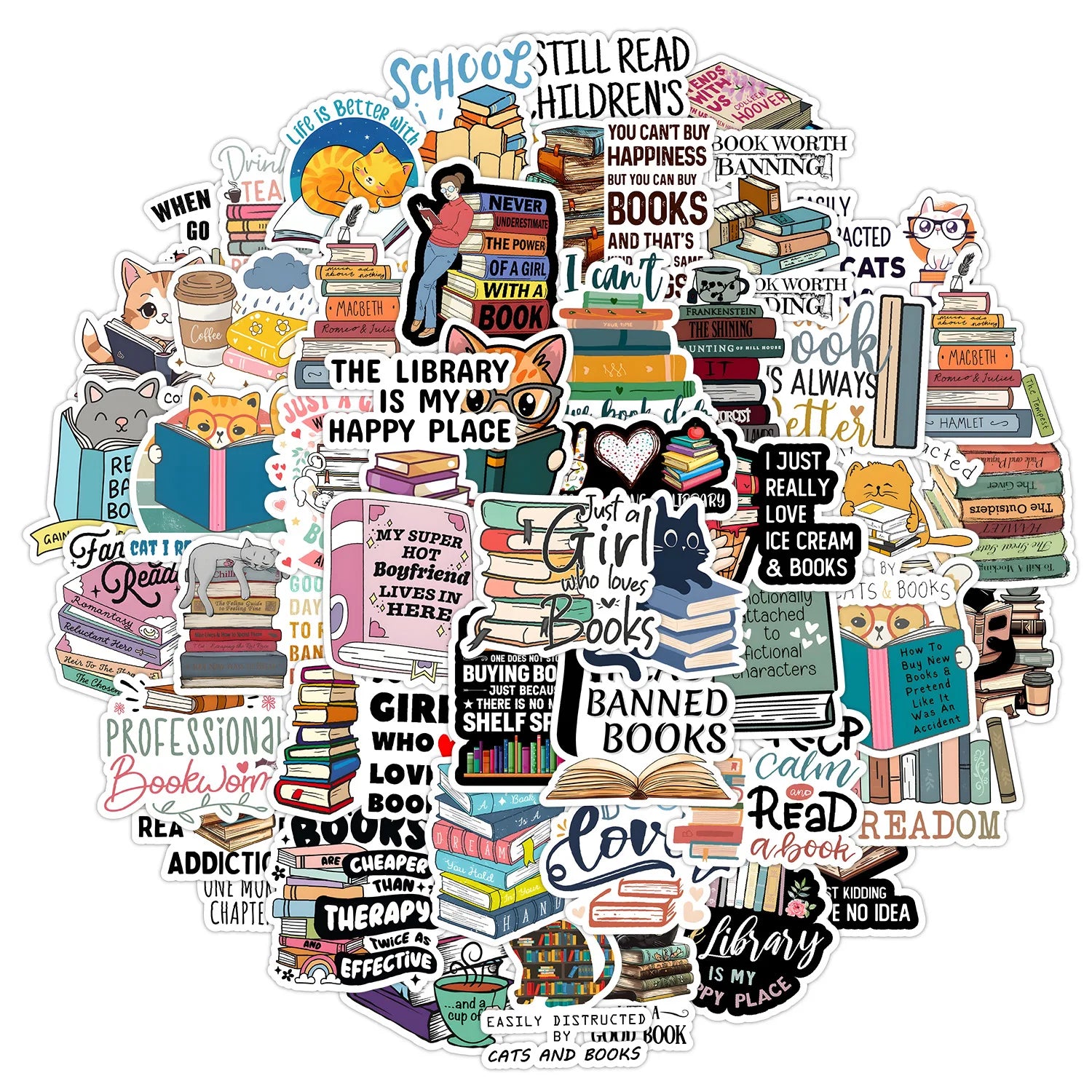50PCS Cartoon cute cat reading book lovers gift bookish sticker
