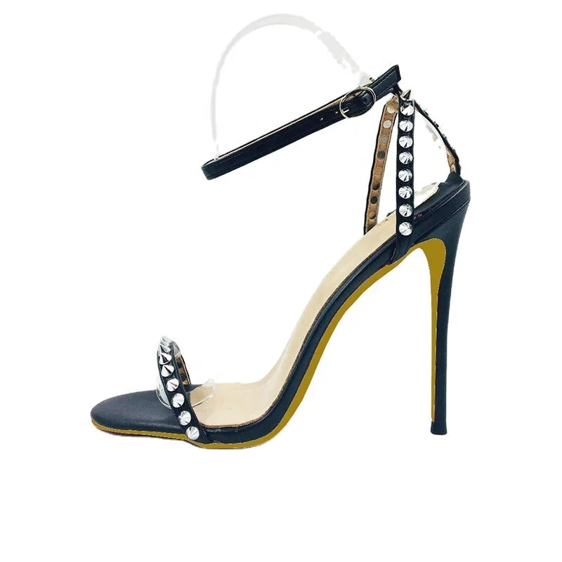 Elegant Summer High Heels Stilettos for Women Ankle Strap Sandals with Studs Matte Leather Open Counter Type for Parties