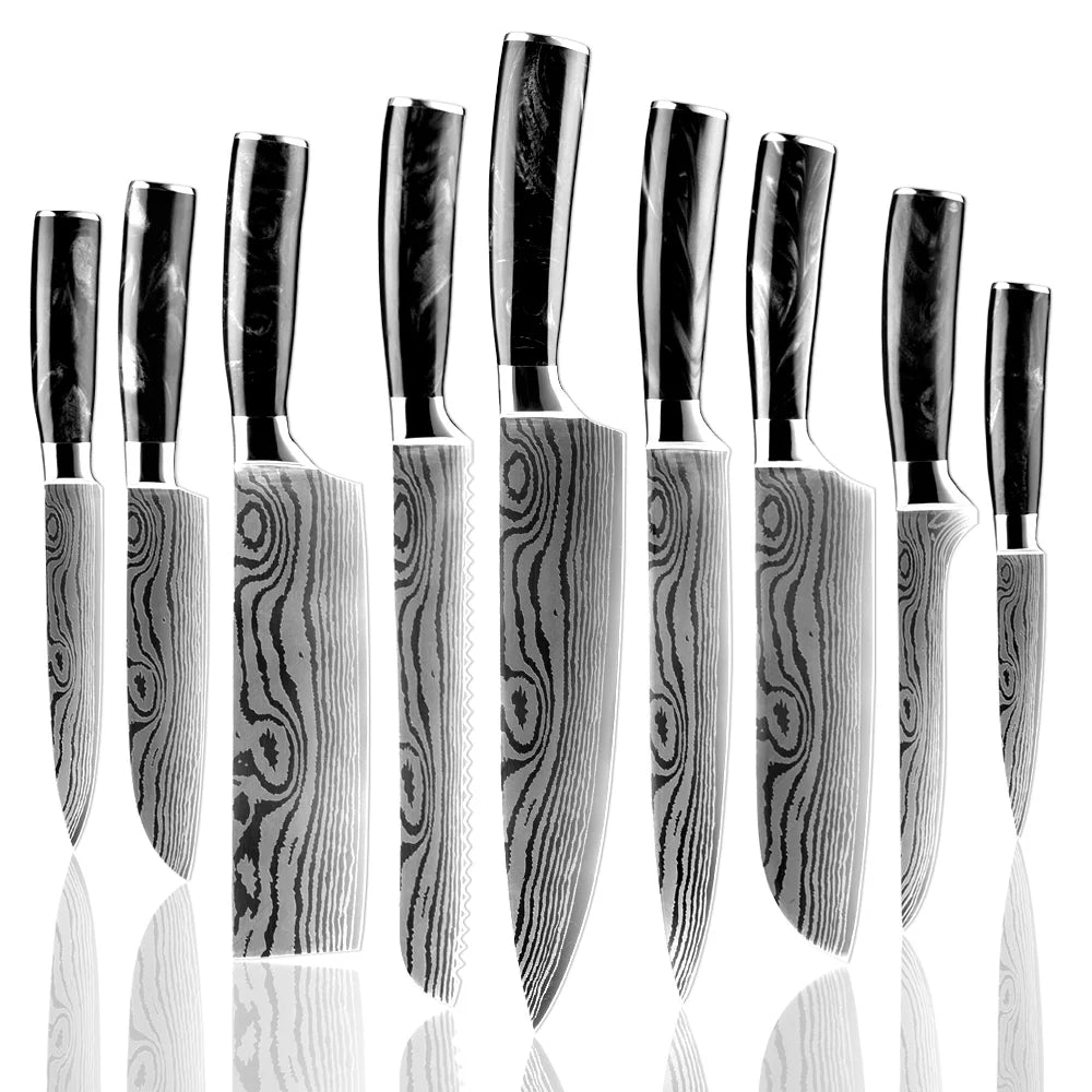 XITUO Stainless Steel 1-9 Piece Set Laser Damascus Pattern Chef Knife Santoku Knife Slicing Fruit Knife Kitchen Cooking Tools