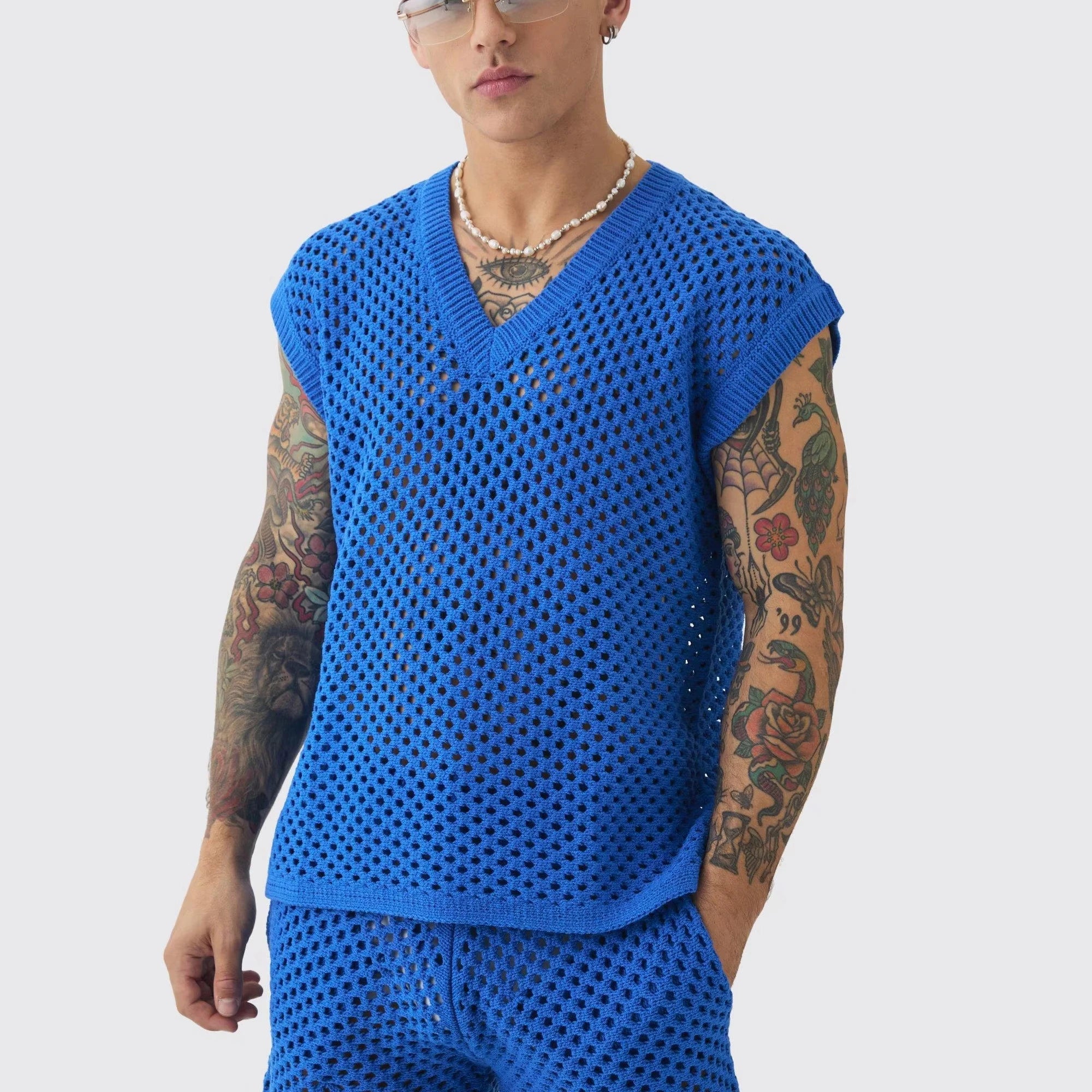 Custom Design Logo Summer Beach Knitted Knitwear Hollow Out Cotton  Mesh Men Crochet T-shirt Tank Top Vest