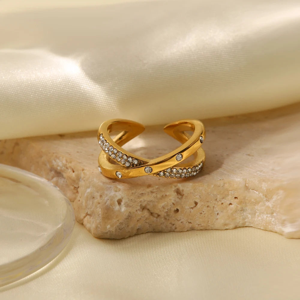 18K Gold Plated Stainless Steel Double Layer Zircon X Cross Opening Rings Jewelry Gift for Women